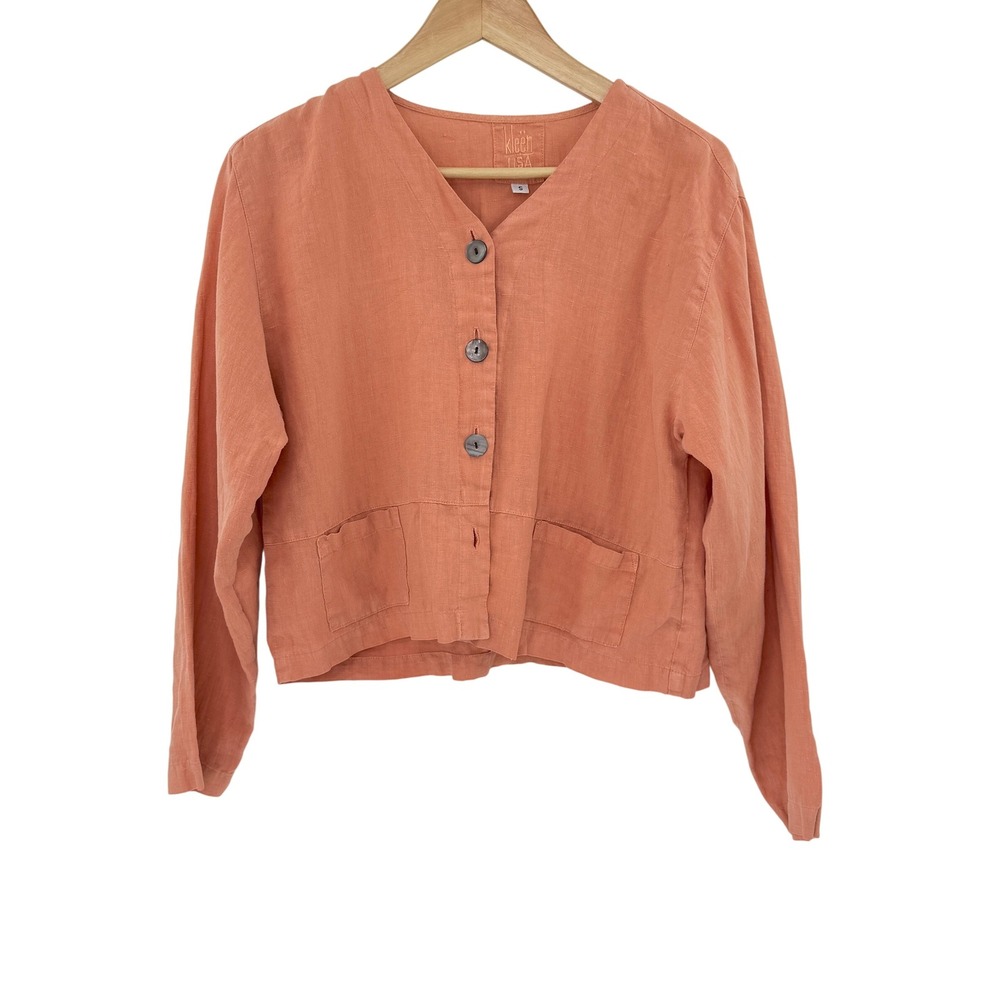 Kleen USA Linen Button Cropped‎ Jacket Top Boxy Lagenlook Coral Orange Sz S Boho